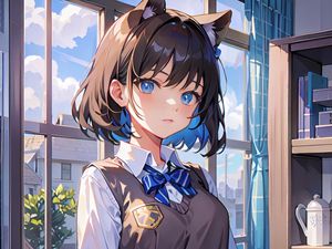 Preview wallpaper girl, ears, schoolgirl, window, anime