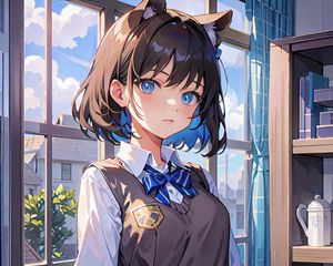 Preview wallpaper girl, ears, schoolgirl, window, anime