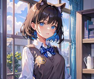 Preview wallpaper girl, ears, schoolgirl, window, anime