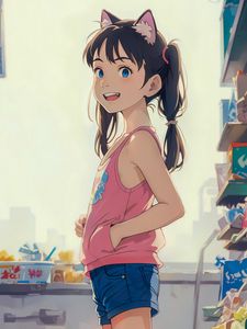 Preview wallpaper girl, ears, shorts, shop, anime