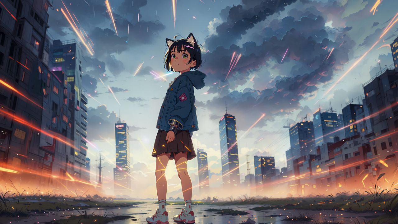 Wallpaper girl, ears, skirt, skyscrapers, clouds, anime