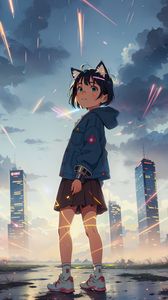 Preview wallpaper girl, ears, skirt, skyscrapers, clouds, anime