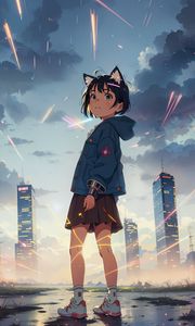 Preview wallpaper girl, ears, skirt, skyscrapers, clouds, anime