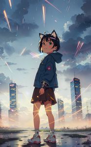 Preview wallpaper girl, ears, skirt, skyscrapers, clouds, anime