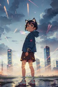 Preview wallpaper girl, ears, skirt, skyscrapers, clouds, anime