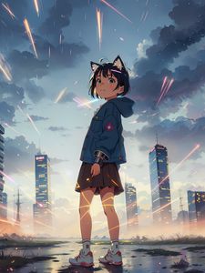 Preview wallpaper girl, ears, skirt, skyscrapers, clouds, anime
