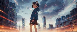 Preview wallpaper girl, ears, skirt, skyscrapers, clouds, anime