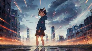 Preview wallpaper girl, ears, skirt, skyscrapers, clouds, anime