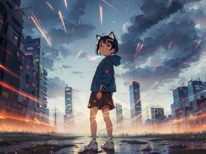 Preview wallpaper girl, ears, skirt, skyscrapers, clouds, anime