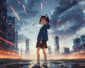 Preview wallpaper girl, ears, skirt, skyscrapers, clouds, anime