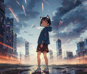 Preview wallpaper girl, ears, skirt, skyscrapers, clouds, anime