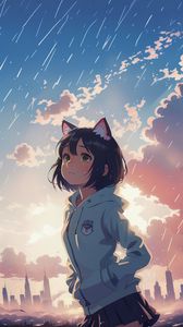 Preview wallpaper girl, ears, sky, clouds, buildings, anime