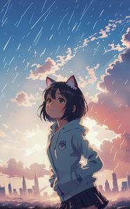 Preview wallpaper girl, ears, sky, clouds, buildings, anime