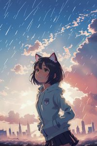 Preview wallpaper girl, ears, sky, clouds, buildings, anime