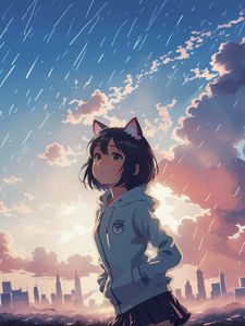 Preview wallpaper girl, ears, sky, clouds, buildings, anime