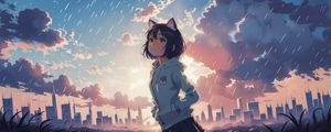 Preview wallpaper girl, ears, sky, clouds, buildings, anime