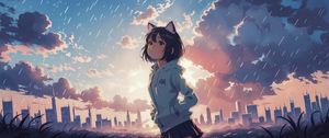 Preview wallpaper girl, ears, sky, clouds, buildings, anime