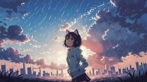 Preview wallpaper girl, ears, sky, clouds, buildings, anime