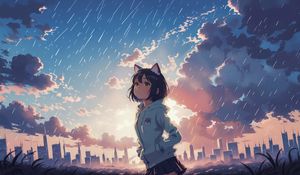 Preview wallpaper girl, ears, sky, clouds, buildings, anime