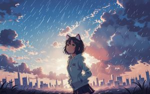 Preview wallpaper girl, ears, sky, clouds, buildings, anime