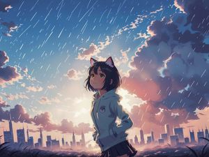 Preview wallpaper girl, ears, sky, clouds, buildings, anime