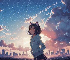 Preview wallpaper girl, ears, sky, clouds, buildings, anime