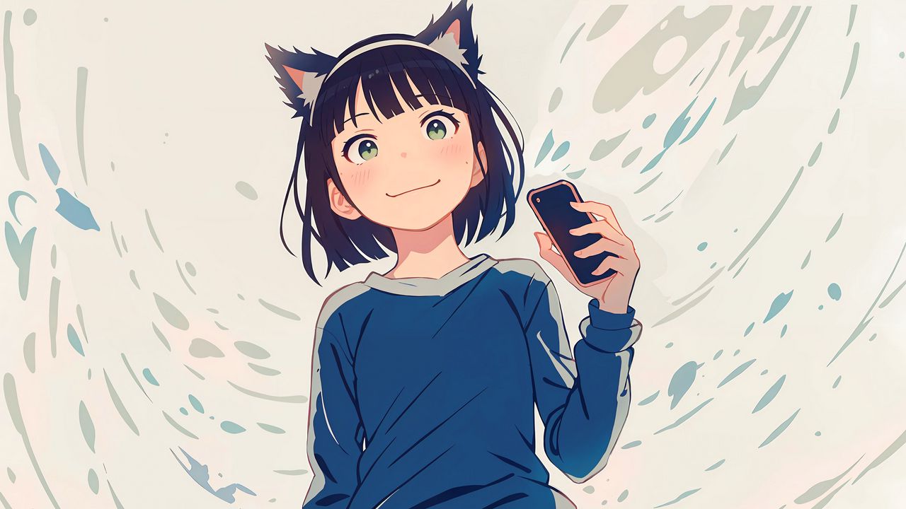 Wallpaper girl, ears, smile, phone, anime