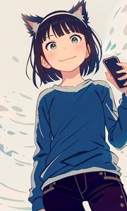 Preview wallpaper girl, ears, smile, phone, anime