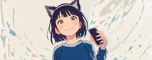 Preview wallpaper girl, ears, smile, phone, anime