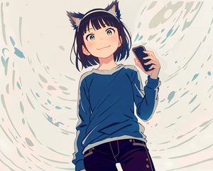 Preview wallpaper girl, ears, smile, phone, anime