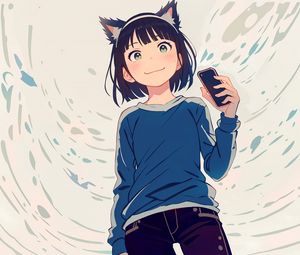 Preview wallpaper girl, ears, smile, phone, anime