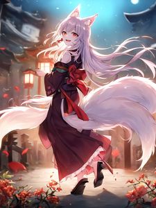 Preview wallpaper girl, ears, smile, tail, anime, art