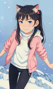 Preview wallpaper girl, ears, smile, mountains, snow, anime