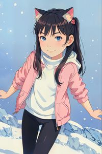 Preview wallpaper girl, ears, smile, mountains, snow, anime