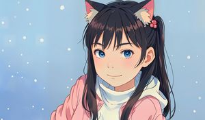 Preview wallpaper girl, ears, smile, mountains, snow, anime
