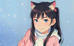 Preview wallpaper girl, ears, smile, mountains, snow, anime