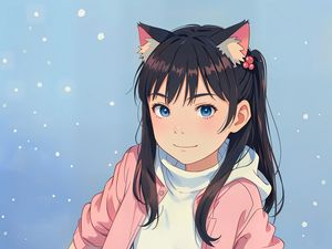 Preview wallpaper girl, ears, smile, mountains, snow, anime