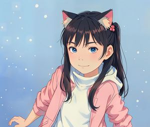 Preview wallpaper girl, ears, smile, mountains, snow, anime