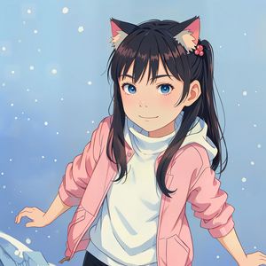 Preview wallpaper girl, ears, smile, mountains, snow, anime