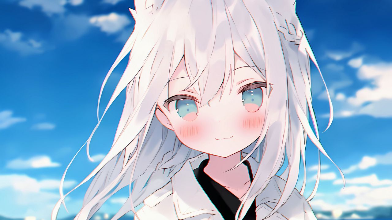 Wallpaper girl, ears, smile, cloak, white, anime