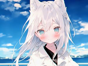 Preview wallpaper girl, ears, smile, cloak, white, anime