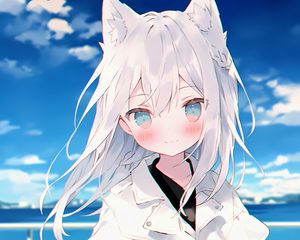 Preview wallpaper girl, ears, smile, cloak, white, anime