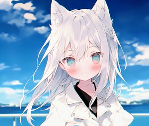 Preview wallpaper girl, ears, smile, cloak, white, anime