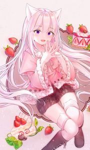 Preview wallpaper girl, ears, strawberry, anime, art, pink