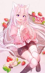 Preview wallpaper girl, ears, strawberry, anime, art, pink