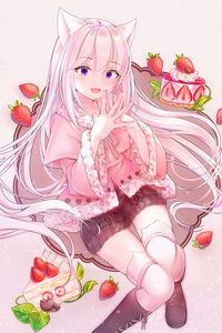 Preview wallpaper girl, ears, strawberry, anime, art, pink