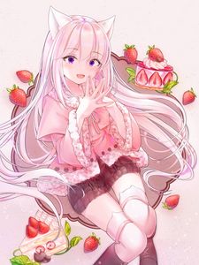 Preview wallpaper girl, ears, strawberry, anime, art, pink