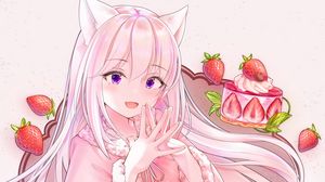 Preview wallpaper girl, ears, strawberry, anime, art, pink