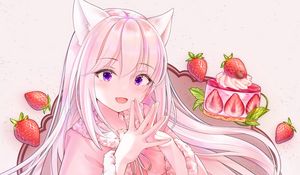 Preview wallpaper girl, ears, strawberry, anime, art, pink