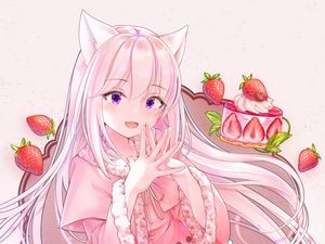 Preview wallpaper girl, ears, strawberry, anime, art, pink